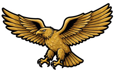 Altın kartal klipsi sanatı. Geniş kanatları ve keskin pençeleri olan, cesur ve dinamik bir şekilde tasvir edilmiş görkemli bir altın kartal. Çizim tasarımı.