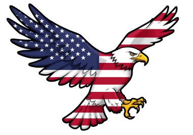 Amerikan kel kartalı Clipart çizim tasarımı. Bu görüntü, Amerikan bayrak desenine sahip, kanatları açık kel bir kartalı gösteriyor. Çizim tasarımı.