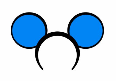 Disney kulak klipsi. Bu resim, Mickey veya Minnie Mouse kulaklarını temsil eden iki büyük mavi daireli bir saç bandını gösteriyor. Çizim tasarımı.