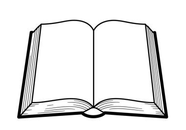 Siyah ve beyaz açık kitap seçmeleri. Boş sayfaları ve basit siyah bir taslağı olan açık bir kitap. Çizim tasarımı.