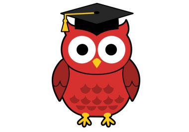 Mezuniyet baykuşu Clipart illüstrasyon tasarımı. Sarı püsküllü siyah mezuniyet şapkası takan kırmızı bir baykuş. Çizim tasarımı.