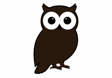 Baykuş Clipart siluet çizim tasarımı. Büyük, yuvarlak beyaz gözleri ve küçük siyah gagası olan basit, koyu kahverengi bir baykuş. Çizim tasarımı.
