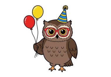 Doğum günü baykuşu Clipart çizim tasarımı. İki renkli balon tutarken parti şapkası ve gözlüğü takan sevimli bir baykuş. Çizim tasarımı.