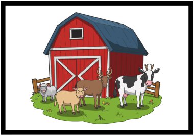 Hayvan çiftliği klipsi sanatı. Bu resim, keçi, koyun, domuz, geyik ve inekle çevrili mavi çatılı kırmızı bir ahırı gösteriyor. Çizim tasarımı.