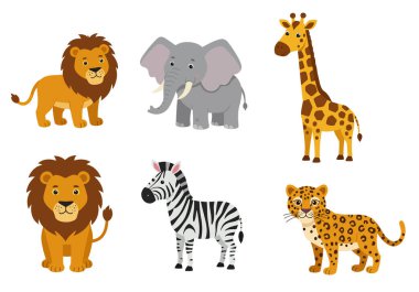 Hayvan safarisi klibi. Bu resim bir aslan, fil, zürafa, zebra ve leopar gibi çizgi film hayvanlarının bir koleksiyonunu gösteriyor. Çizim tasarımı.