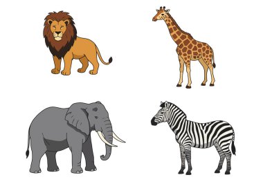 Afrika hayvan klipsi sanatı. Bu resim bir aslan, zürafa, fil ve zebrayı gösteriyor. Çizim tasarımı.