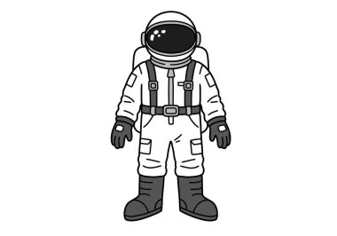 Astronot kostümü Clipart illüstrasyon tasarımı. Detaylı uzay giysisi içinde eldivenli, çizmeli ve vizörlü bir astronot. Çizim tasarımı.
