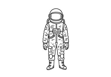Astronot iklim çizimi çizimi tasarımı. Miğferi, eldivenleri ve botları olan detaylı bir uzay giysisi giymiş bir astronot. Çizim tasarımı.