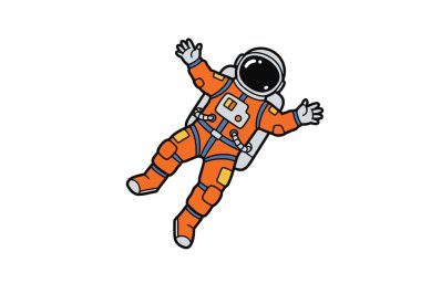 Havada süzülen astronot klibi çizimi. Turuncu uzay giysisi giymiş bir astronot kolları havada yüzüyor. Çizim tasarımı.