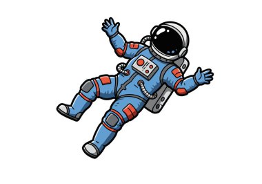 Uzay klibi çiziminde yüzen astronot. Kırmızı aksanlı mavi elbiseli bir astronot uzayda yüzüyor. Çizim tasarımı.
