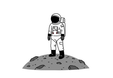 Ay 'daki astronot Clipart illüstrasyon tasarımı. Uzay giysisi içindeki bir astronot kayalık bir ay yüzeyinde duruyor. Çizim tasarımı.