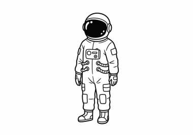 Astronot ana hatları Clipart çizim tasarımı. Kasklı, eldivenli ve botlu bir astronot taslak tarzında tasvir edilir. Çizim tasarımı.