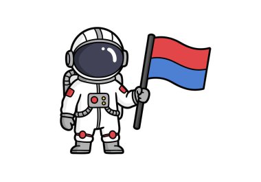 Astronotun elinde bayrak klibi çizimi var. Beyaz uzay giysili bir astronot elinde kırmızı ve mavi bir bayrak tutuyor. Çizim tasarımı.