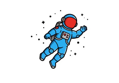 Astronot uzay klibi çizimi. Mavi uzay elbiseli bir astronot etrafta yıldızlarla uzayda yüzüyor. Çizim tasarımı.