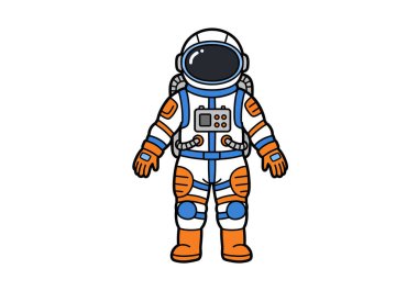 Astronot giysisi klip resim tasarımı. Bu resim, turuncu ve mavi aksanlı detaylı bir astronot kıyafeti gösteriyor. Çizim tasarımı.