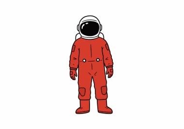 Astronot illüstrasyon tasarımının bir parçası. Kırmızı uzay giysili, kasklı ve eldivenli bir astronot. Çizim tasarımı.