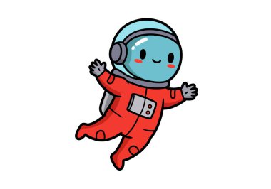 Güzel astronot klibi resim tasarımı. Kırmızı elbiseli neşeli bir astronot uzayda yüzüyor ve gülümsüyor. Çizim tasarımı.