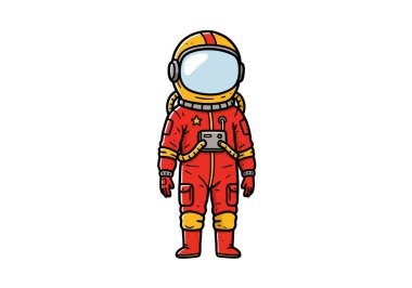 Kadın astronot Clipart illüstrasyon tasarımı. Kırmızı uzay elbiseli bir astronot sarı detaylar ve bir miğfer tasvir edilir. Çizim tasarımı.