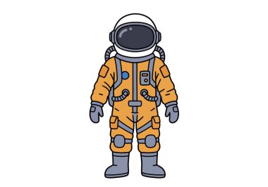 Uzay adamı klipsi sanatı. Turuncu bir uzay giysisi içinde kaskı ve eldivenleri olan bir astronot. Çizim tasarımı.