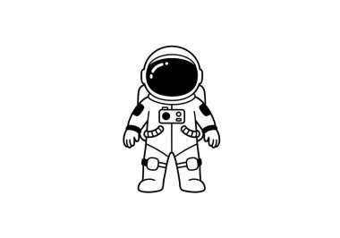 Astronot clipart basit illüstrasyon tasarımı. Uzay giysisi giymiş, kasklı ve eldivenleri minimalist tarzda olan bir astronot. Çizim tasarımı.