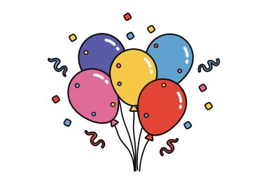 Balonlar ve konfeti tırmanıyor. Beyaz arka planda renkli balonlar ve konfetiler, kutlamalar için canlı ve şenlikli bir tasarım yaratıyor. Çizim tasarımı.
