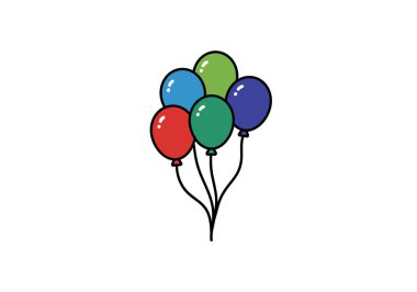 Balon ip klipsi. İplerle bağlanmış renkli balonlar, çeşitli kutlamalar için mükemmel neşeli ve neşeli bir ortam yaratıyor. Çizim tasarımı.