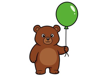Balon klipsli ayı. Elinde yeşil bir balon tutan sevimli bir kahverengi ayı, neşeli ve şen şakrak tasarımlar için mükemmel. Çizim tasarımı.