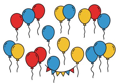 Doğum günü balonu klipsleri. Bu resim kırmızı, mavi ve sarı renkli balonları gösteriyor, küçük bir pankartıyla, şenlik tasarımları için mükemmel. Çizim tasarımı.