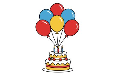 Doğum günü pastası ve balon klipsleme sanatı. Kırmızı, mavi ve sarı renkli sekiz balon ve üç yanan mumlu iki katlı bir doğum günü pastası. Çizim tasarımı.