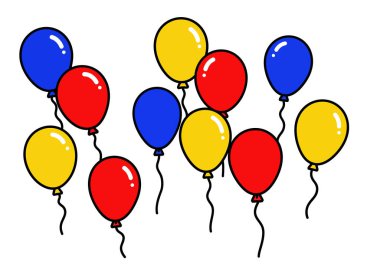 Doğum günü balonları klipsli. Kırmızı, mavi ve sarı renkli balonlar, siyah iplerle, tasarımlara neşeli ve neşeli bir dokunuş ekliyorlar. Çizim tasarımı.