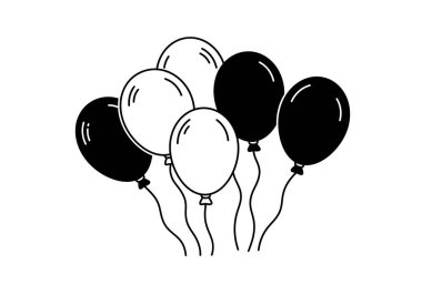 Siyah ve beyaz balonlar. Altı balon, üç siyah ve üç beyaz, telli, klasik ve zarif bir tasarım yaratıyor. Çizim tasarımı.