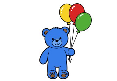Mavi oyuncak ayı balon tutuyor. Mavi bir oyuncak ayı üç balon taşıyor. Sarı, kırmızı ve yeşil renkte. Çizim tasarımı.