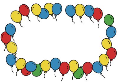 Balon kenarı. Kırmızı, sarı, mavi ve yeşil renkli balonlar dikdörtgen bir çerçeve oluşturuyor. Şenlik tasarımları için mükemmel. Çizim tasarımı.