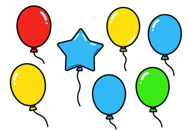 Çizgi film balonları klip sanatı. İpli altı renkli balon, mavi yıldız şeklinde bir balon, kaprisli ve neşeli bir tasarım yaratıyor. Çizim tasarımı.