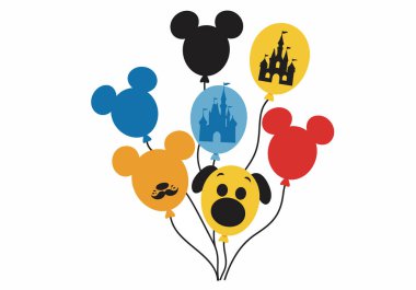 Disney balonları kopar. Mickey Mouse ve diğer Disney karakterlerine benzeyen renkli balonlar, sihirli ve eğlenceli bir dokunuş ekliyorlar. Çizim tasarımı.
