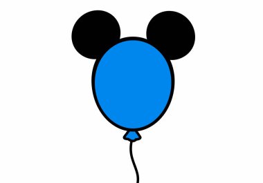Mickey Mouse balon klipsleme sanatı. Siyah Mickey Mouse kulaklı mavi bir balon, şenlik tasarımlarına eğlenceli ve ikonik bir dokunuş ekliyor. Çizim tasarımı.