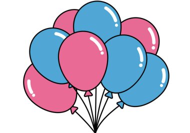 Pembe ve mavi balonlar birleşiyor. Bir demet pembe ve mavi balon birbirine bağlanmış, tasarımlara neşeli ve neşeli bir dokunuş eklemişler. Çizim tasarımı.