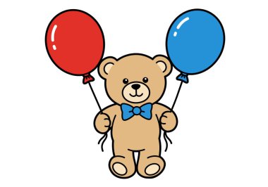 Oyuncak ayı balon tutuyor. Mavi papyonlu şirin bir oyuncak ayı bir elinde kırmızı bir balon diğer elinde mavi bir balon tutuyor. Çizim tasarımı.
