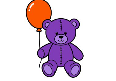 Balon klipli oyuncak ayı. Elinde turuncu bir balon tutan mor bir oyuncak ayı, neşeli ve eğlenceli tasarımlar için mükemmel. Çizim tasarımı.