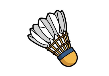 Badminton topu klipsi. Bu resimde badminton 'da kullanılan beyaz tüyler ve mavi bantlı canlı sarı bir taban yer alıyor. Çizim tasarımı.