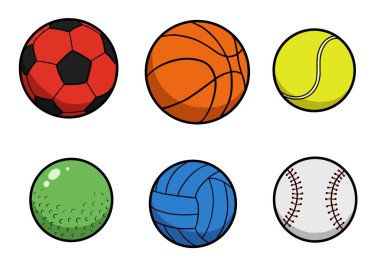 Spor toplarının klip sanatı. Bu resim altı farklı spor topunu gösteriyor: futbol, basketbol, tenis, golf, voleybol ve beyzbol. Çizim tasarımı.