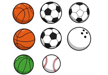 Taşak kesme sanatı. Bu resim basketbol, futbol ve beysbol gibi çeşitli spor toplarını bir ızgarada gösteriyor. Çizim tasarımı.