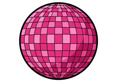 Pembe disko topu klipsi. Görüntü, parlak ve eski bir hissi yansıtan, ızgara desenli pembe bir disko topu gösteriyor. Çizim tasarımı.