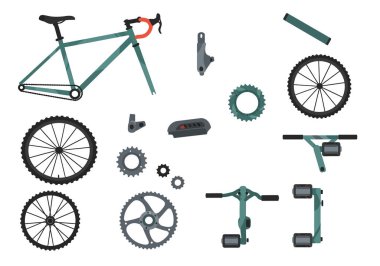 Bisiklet parçaları birleşiyor. Bu resim çerçeveler, tekerlekler, vitesler, pedallar ve gidonlar gibi çeşitli bisiklet bileşenlerini gösterir. Çizim tasarımı.