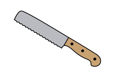 Ekmek bıçağı parçası. Bu resim, dişli bir bıçak ve tahta saplı bir ekmek bıçağını gösteriyor. Çizim tasarımı.