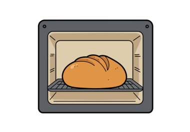 Fırında çörek klipsi. Bu resim fırının içinde pişen bir somun ekmeği gösteriyor. Çizim tasarımı.