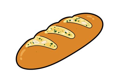 Sarımsaklı ekmek tırmığı. Bu resim, eritilmiş tereyağı ve otlarla kaplı bir dilim sarımsaklı ekmek gösteriyor, altın ve çıtır çıtır dokusunu vurguluyor. Çizim tasarımı.