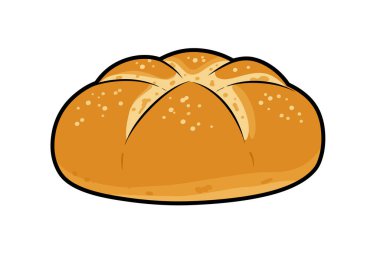 Pandesal klipsi. Yuvarlak, kahverengi ekmek rulosu, kabuklu bir üst ve kırıntılar serpiştirilmiş. Çizim tasarımı.