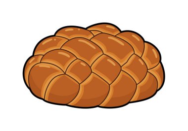 Yuvarlak tebeşir klipsi. Parlak altın-kahverengi kabuklu örgülü bir deseni olan yuvarlak bir challah ekmeği. Çizim tasarımı.