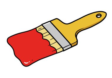 Fırça boyası klipsi. Bu resim sarı saplı ve kıllarında kırmızı boya olan bir boya fırçasını gösteriyor. Çizim tasarımı.